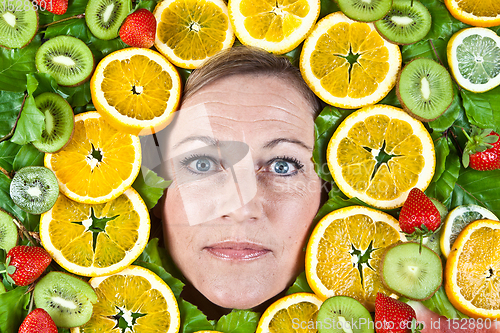 Image of Fruits and blond cute woman portrait