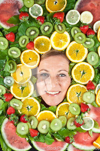 Image of Fruits and blond cute woman portrait