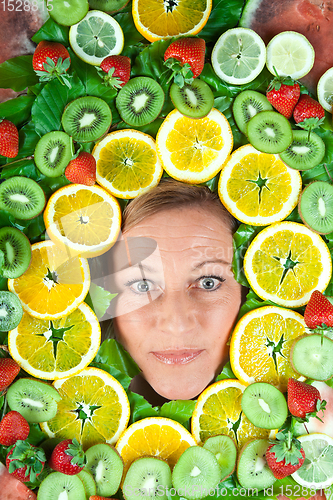 Image of Fruits and blond cute woman portrait