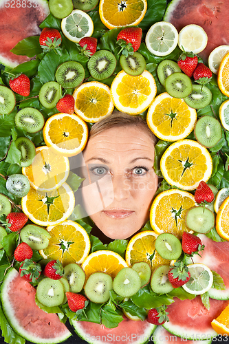 Image of Fruits and blond cute woman portrait