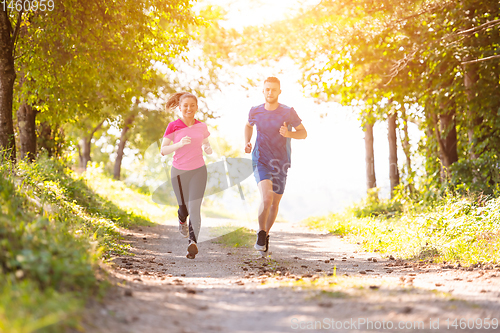 Image of young couple jogging on sunny day at nature