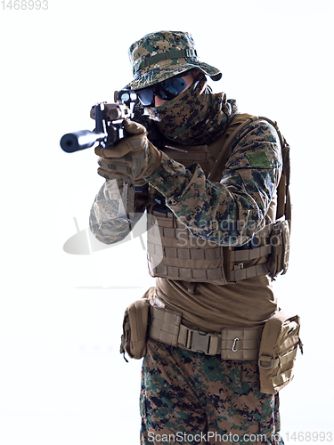 Image of soldier aiming white background