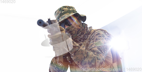 Image of soldier aiming white background