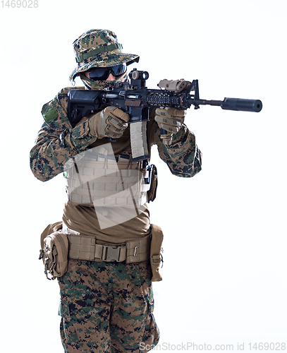 Image of soldier aiming white background