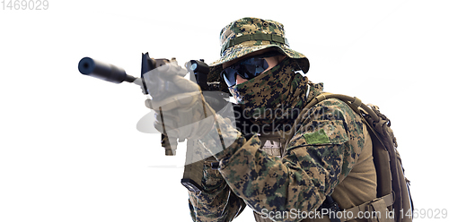 Image of soldier aiming white background