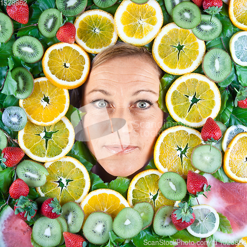 Image of Fruits and blond cute woman portrait