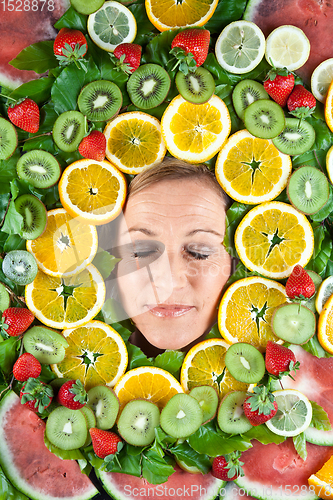 Image of Fruits and blond cute woman portrait