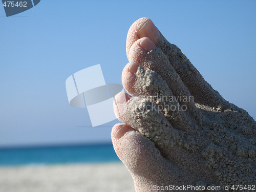 Image of female foot covered with sand