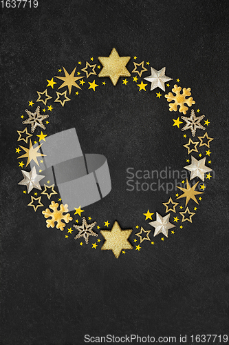 Image of Abstract Christmas Gold Star and Snowflake Wreath