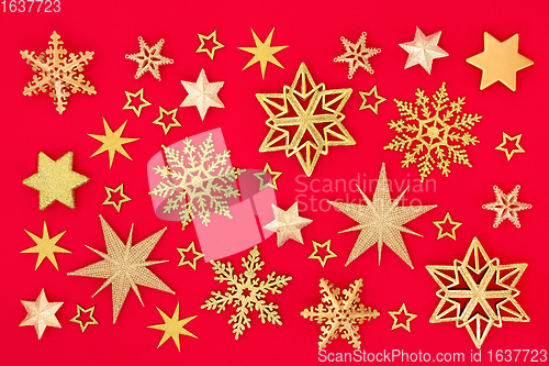 Image of Christmas Gold Snowflake and Star Background