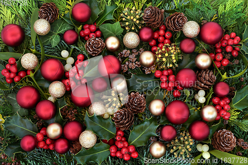 Image of Christmas Festive Background with Baubles and Flora