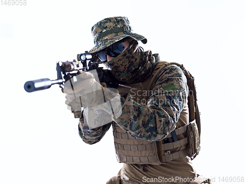 Image of soldier aiming white background