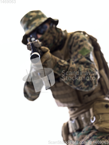 Image of soldier aiming white background