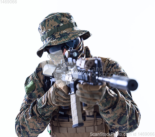 Image of soldier aiming white background