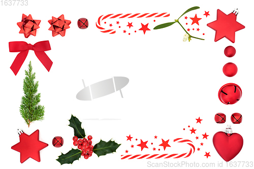 Image of Abstract Christmas Border with Baubles and Winter Greenery