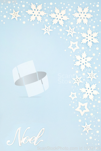 Image of Silver Noel Sign on Snowflake Background Border 