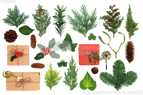 Image of Natural Eco Friendly Christmas Gifts with Winter Greenery