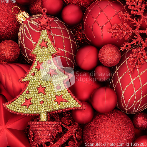 Image of Festive Christmas Tree and Red Bauble Decorations