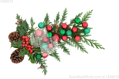 Image of Christmas Decoration with Baubles and Greenery