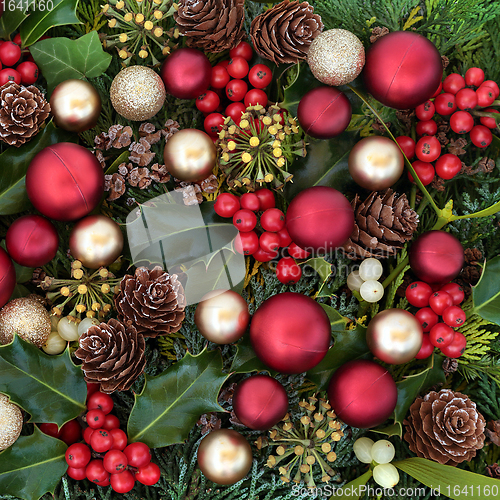 Image of Christmas Decorative Background with Baubles and Greenery