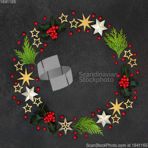 Image of Christmas Wreath with Winter Greenery and Stars  