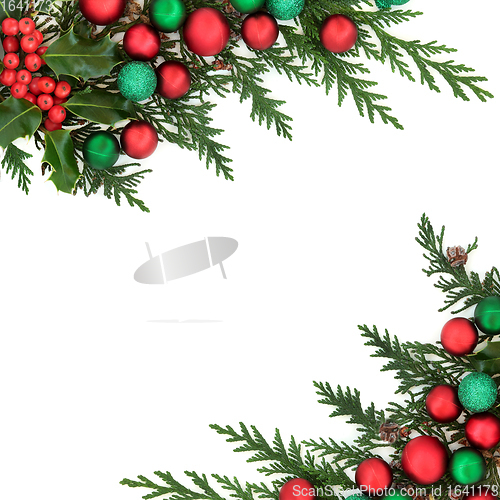 Image of Christmas Festive Background Border with Baubles and Flora