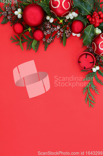 Image of Christmas Background Border with Winter Greenery and Red Baubles