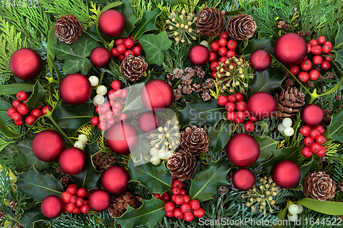 Image of Festive Christmas Background with Baubles & Flora