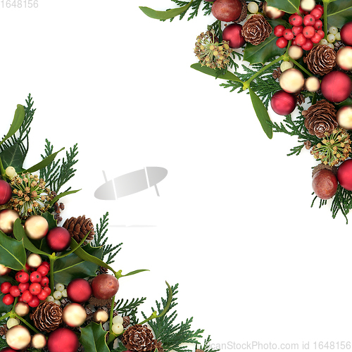 Image of Traditional Christmas Border with Baubles and Winter Greenery