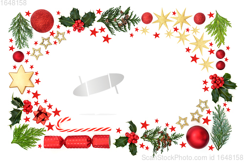 Image of Christmas Background Border with Stars Flora and Baubles