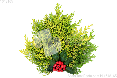 Image of Winter Posy Decoration of Cedar Cypress Fir with Holly  
