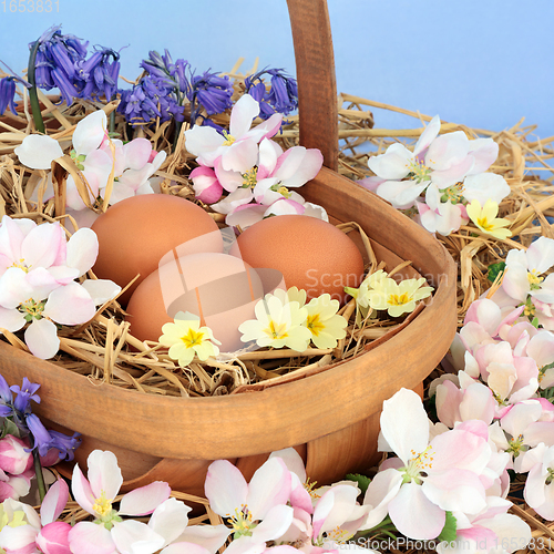 Image of Springtime Composition with Fresh Brown Eggs and Flowers