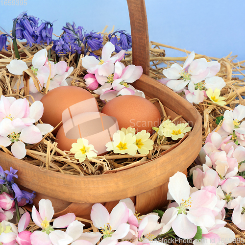 Image of Springtime Composition with Fresh Brown Eggs and Flowers