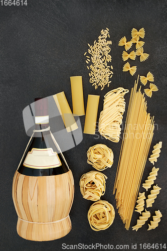 Image of Assorted Italian Pasta and Traditional Red Wine 