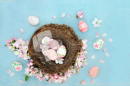 Image of Easter Eggs with Spring Apple Blossom Fowers