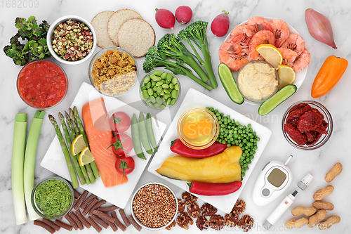 Image of Blood Sugar Monitoring Equipment and Low Glycemic Food 