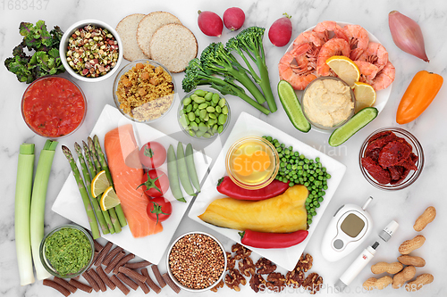 Image of Blood Sugar Monitoring Equipment and Low Glycemic Food 