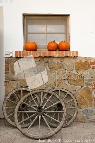 Image of Autumn harvested pumpkins arranged on window