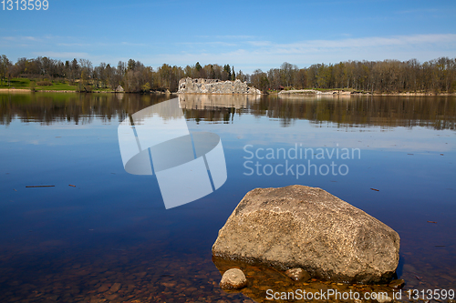 Image of River landscape with big stones and ruins in Latvia.