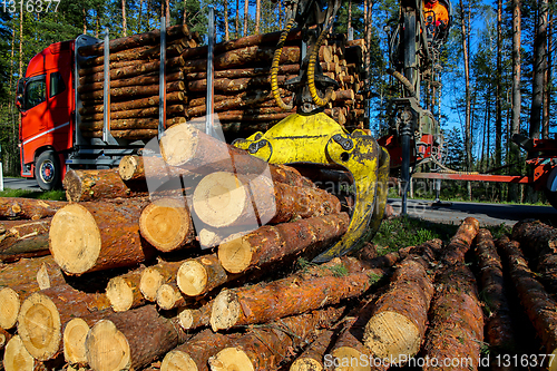 Image of Crane loading logs in the truck. 