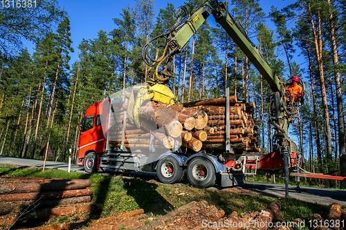 Image of Crane loading logs in the truck. 