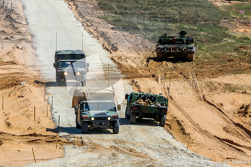 Image of Military vehicles in training Saber Strike in Latvia.