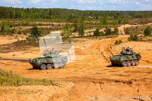 Image of Armored vehicles in training Saber Strike in Latvia.