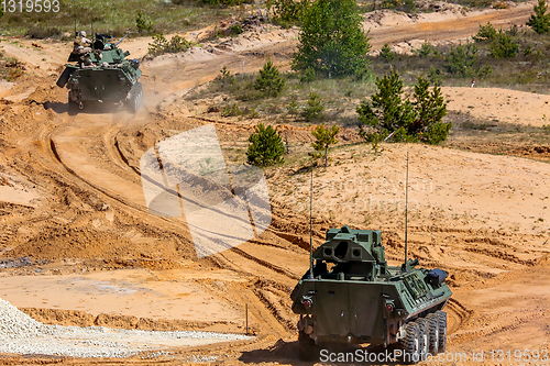 Image of Armored vehicles in training Saber Strike in Latvia.