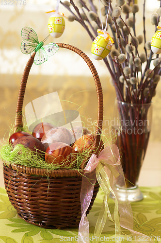 Image of Painted Easter eggs and pussy willow.