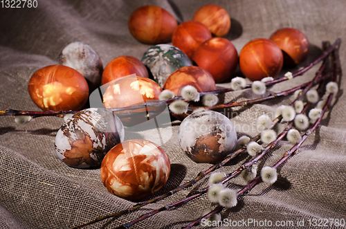 Image of Painted eggs and pussy willow.