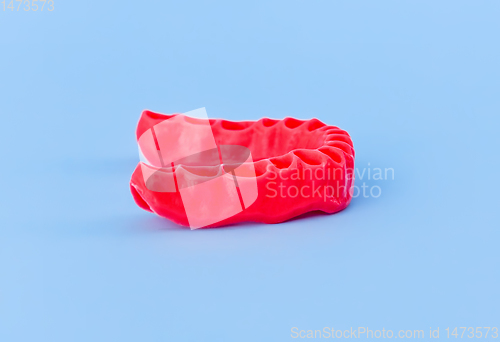 Image of model of human gums without teeth isolated on blue