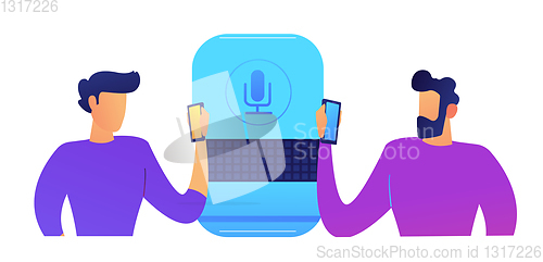 Image of Big smart speaker and users standing and using smartphones vector illustration.