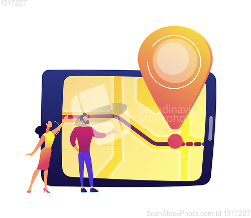 Image of Male and female users looking at tablet screen with map and location pin vector illustration.