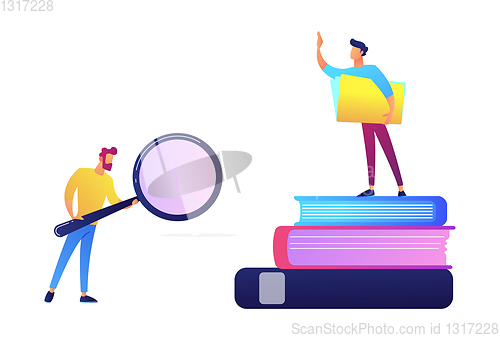 Image of Student with magnifier and student standing on stack of books vector illustration.